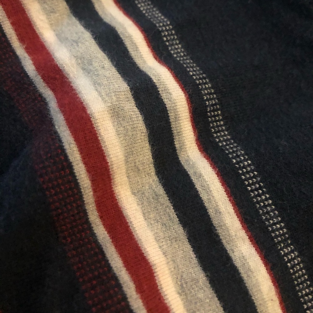 Short sleeve Red white grey blue stripped shirt.